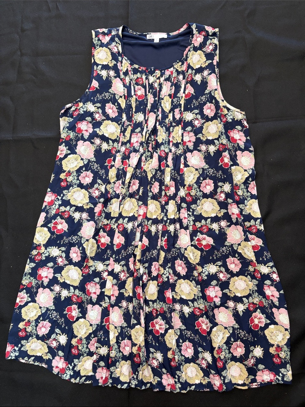 DR2 Navy Floral Pleated Sleeveless Midi Dress with Pink and Yellow Blooms